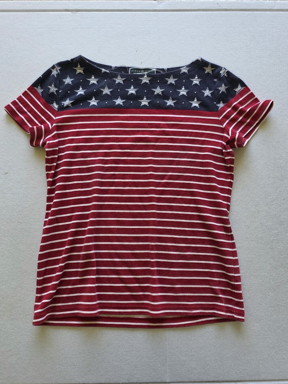 Karen Scott Navy Star Yoke with Red & Cream Stripes Short Sleeve Tee